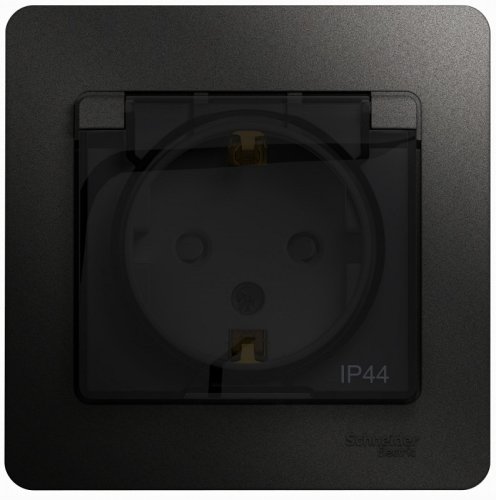 Розетка с заземлением с рамкой Systeme Electric Glossa 1-м. крышка шторки IP44 антрацит картинка